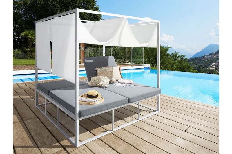 Solseng med sengehimmel Hvit/grå PALLANZA - Hvit - Hagemøbler - Stoler & Lenestoler - Solseng & solvogner