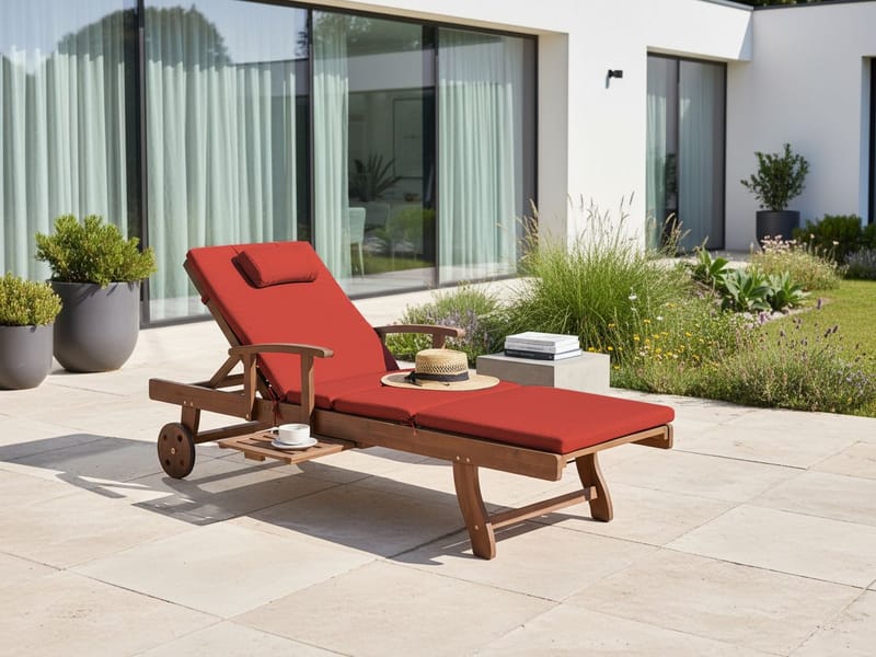 Solseng utendørs med pute Amantea Premium akasietre - Brun/rød - Hagemøbler - Stoler & Lenestoler - Solseng & solvogner