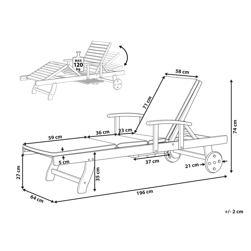 Solseng utendørs med pute Java Premium akasietre - Brun/lysegrå - Hagemøbler - Stoler & Lenestoler - Solseng & solvogner