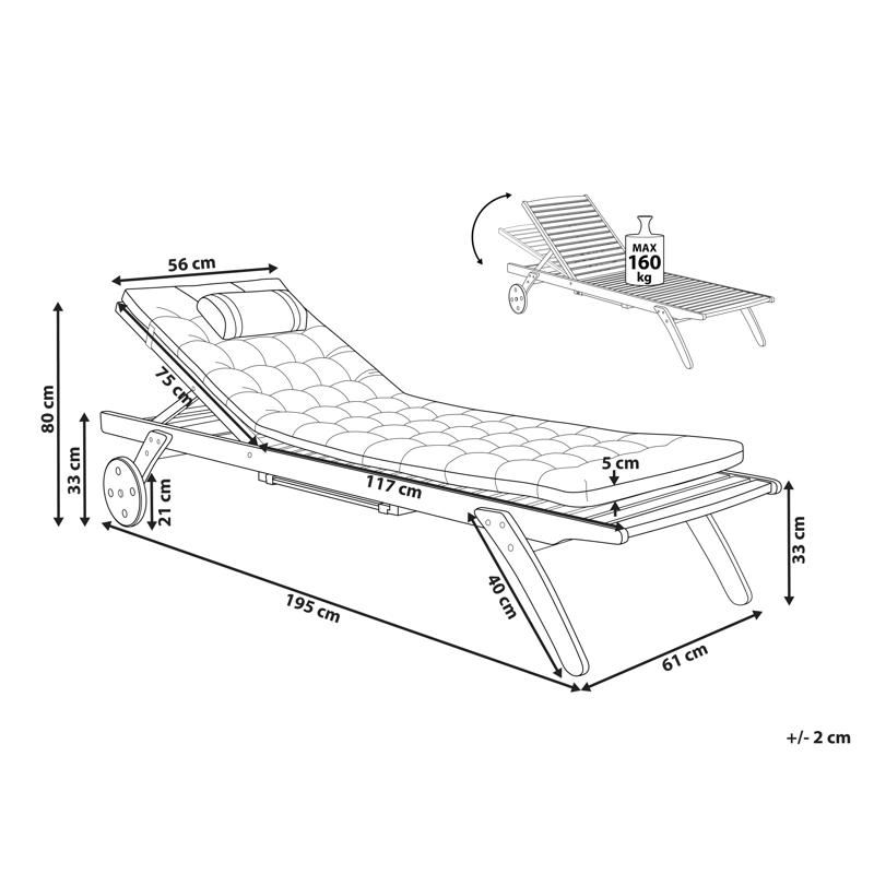 Solseng utendørs med pute Cesana Premium akasietre - Brun/rød - Hagemøbler - Stoler & Lenestoler - Solseng & solvogner