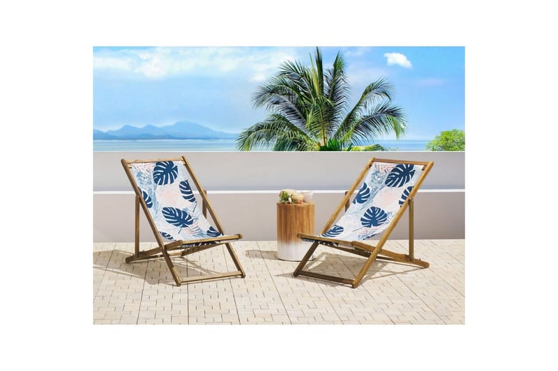 Solstol sett med 2 Anzio - lyst tre/off-white/blå palmebladmønster - Hagemøbler - Stoler & Lenestoler - Solstoler