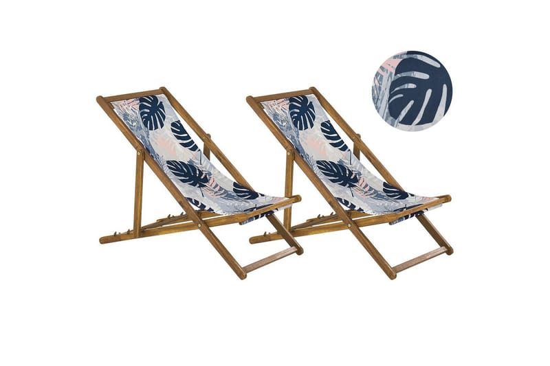 Solstol sett med 2 Anzio - lyst tre/off-white/blå palmebladmønster - Hagemøbler - Stoler & Lenestoler - Solstoler