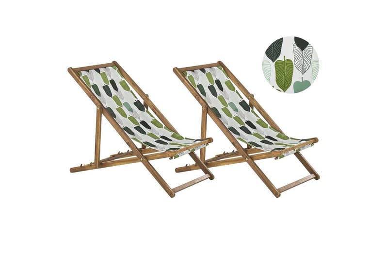 Solstol sett med 2 Anzio - lyst tre/off-white/grønt løvmønster - Hagemøbler - Stoler & Lenestoler - Solstoler