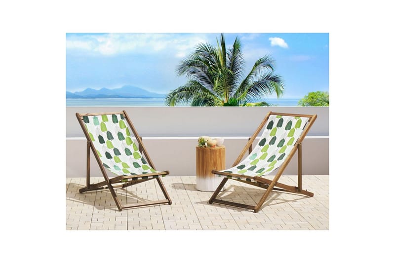 Solstol sett med 2 Anzio - lyst tre/off-white/grønt løvmønster - Hagemøbler - Stoler & Lenestoler - Solstoler