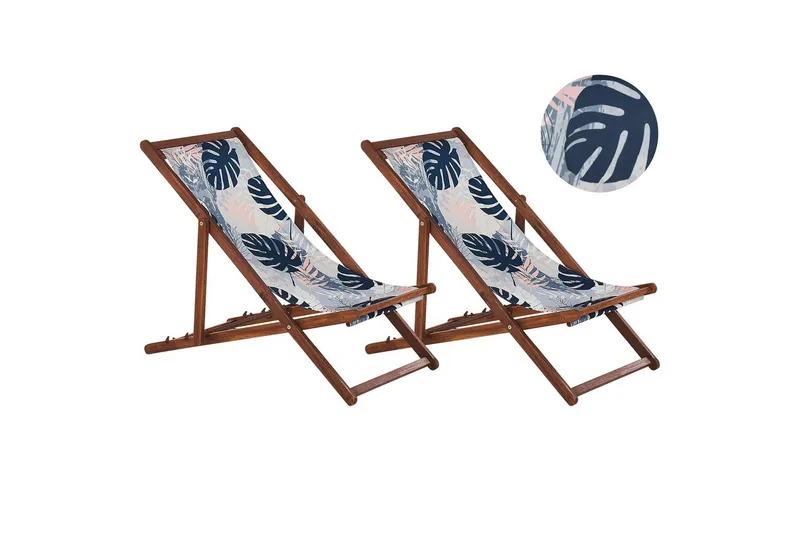 Solstol sett med 2 Anzio - mørkt tre/off-white/blått palmebladmønster - Hagemøbler - Stoler & Lenestoler - Solstoler