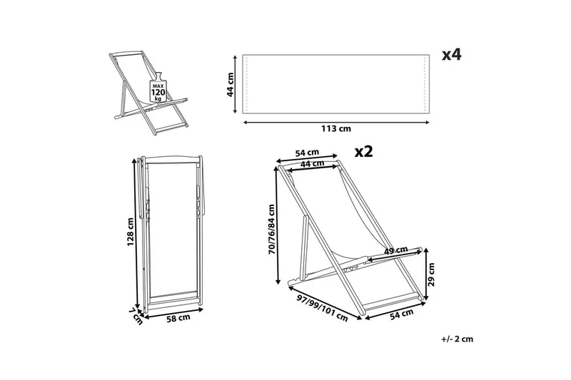 Solstol sett med 2 Anzio - mørkt tre/off-white/blått palmebladmønster - Hagemøbler - Stoler & Lenestoler - Solstoler