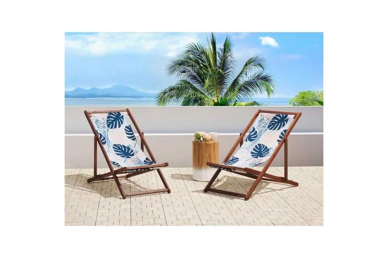 Solstol sett med 2 Anzio - mørkt tre/off-white/blått palmebladmønster - Hagemøbler - Stoler & Lenestoler - Solstoler