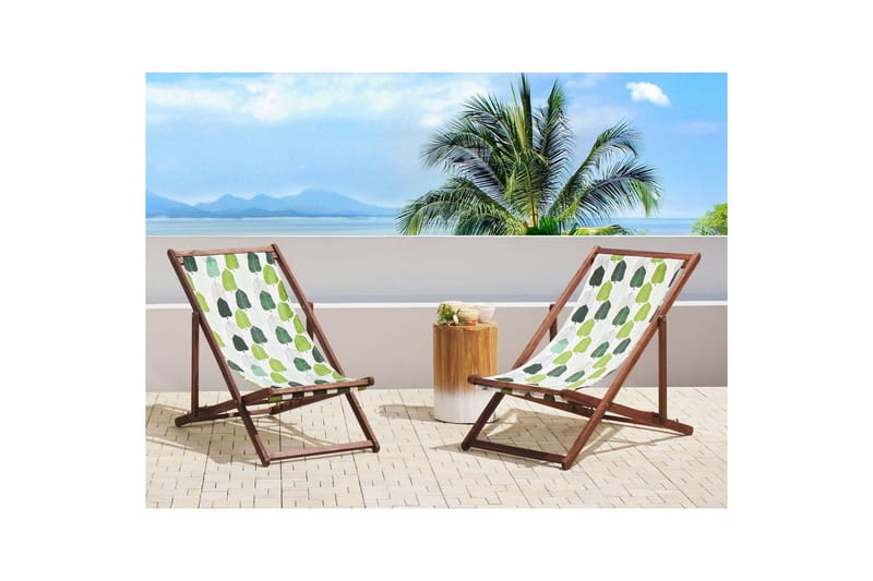 Solstol sett med 2 Anzio - mørkt tre/off-white/grønt løvmønster - Hagemøbler - Stoler & Lenestoler - Solstoler