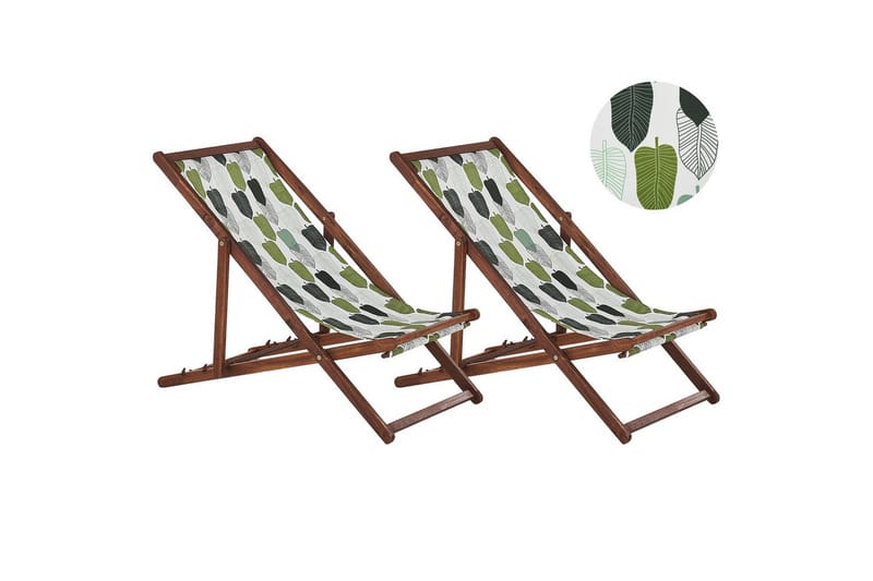 Solstol sett med 2 Anzio - mørkt tre/off-white/grønt løvmønster - Hagemøbler - Stoler & Lenestoler - Solstoler