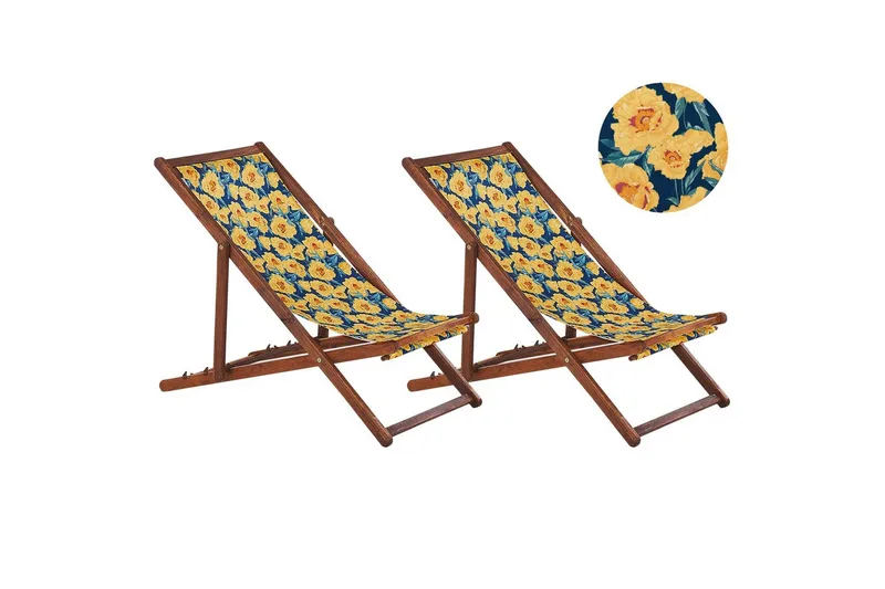 Solstol sett med 2 Anzio - mørkt tre/off-white/gult blomstrende mønster - Hagemøbler - Stoler & Lenestoler - Solstoler