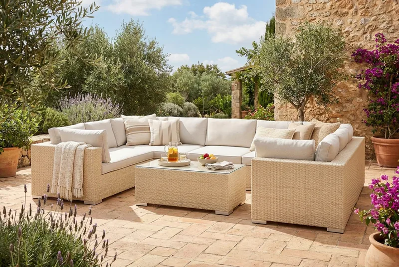 Bahamas U-formet utendørs loungegruppe med lukket avslutning, 9-seters med bord - Beige - Hagemøbler - Loungemøbler - Sofagruppe utendørs