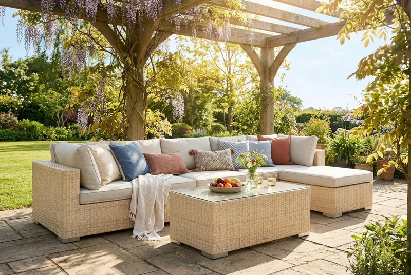 Bahamas utendørs divansofa 6-seters med vendbar divan og bord - Beige - Hagemøbler - Loungemøbler - Sofagruppe utend ørs