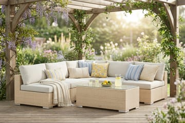 Bahamas utendørs hjørnesofa 5-seters vendbar med åpen avslutning og bord - Beige - Hagemøbler - Loungemøbler - Sofagruppe utendørs