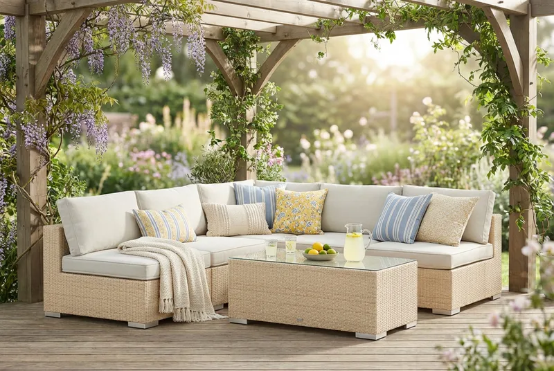 Bahamas utendørs hjørnesofa 5-seters vendbar med åpen avslutning og bord - Beige - Hagemøbler - Loungemøbler - Sofagruppe utendørs