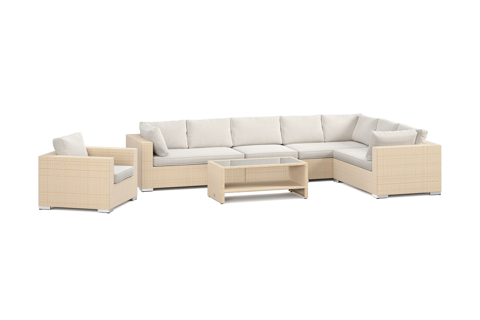 Bahamas utendørs L-sofa høyre 8-seters med lenestol og bord med hylle - Beige