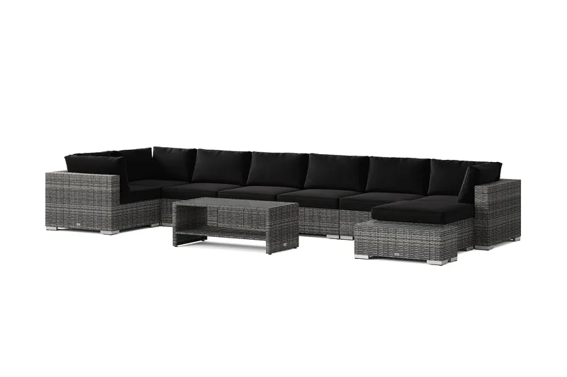 Bahamas utendørs U-sofa 8-seters vendbar divan med åpen avslutning og bord med hylle - Grå - Hagemøbler - Loungemøbler - Sofagruppe utendørs