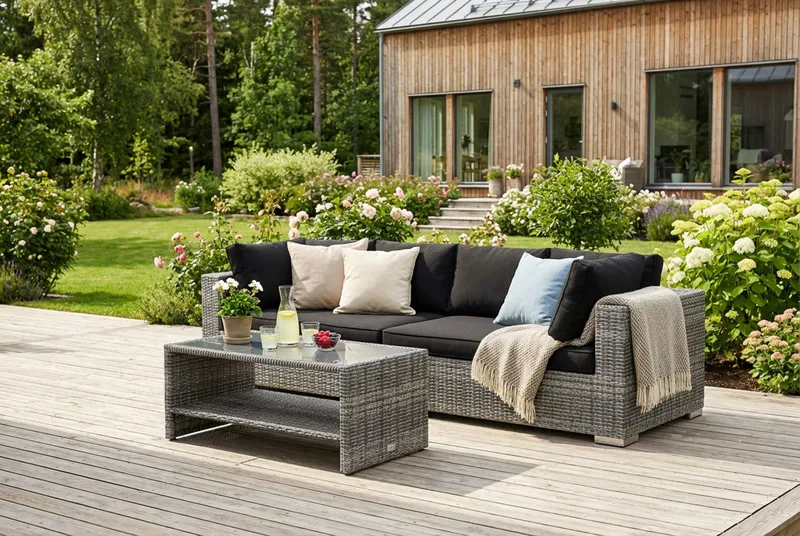 Bahamas utesofa 4-seters med bord og hylle - Grå - Hagemøbler - Loungemøbler - Sofagruppe utendørs