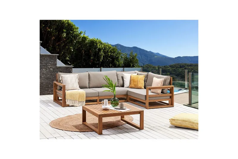 Loungegrupp Beliani Timor Ljus trä/beige, Ja, Högervänd Light wood||Beige Right-faced - Hagemøbler - Loungemøbler - Sofagruppe utendørs
