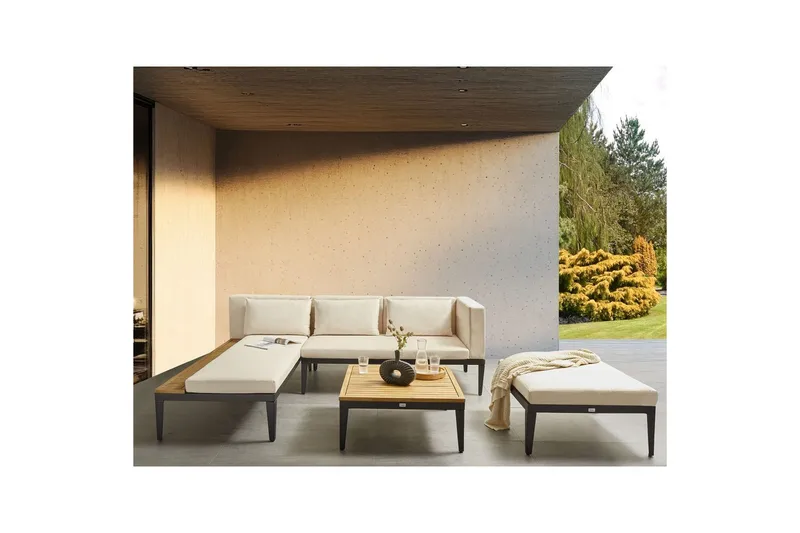 Loungegrupp med fotpall Beliani Bracciano 3-Sits Beige||Light wood||Black - Hagemøbler - Loungemøbler - Sofagruppe utendørs