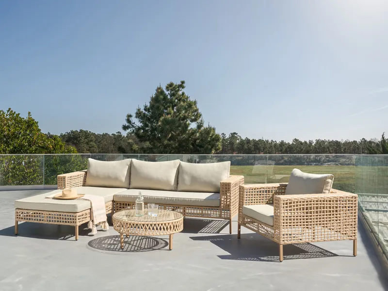 Sofagruppe utendørs med bord 4-seter Calasetta høyrevendt kunstrotting - Beige - Hagemøbler - Loungemøbler - Sofagruppe utendørs