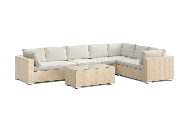 Bahamas L-formet utesofa høyre, 7-seters med bord, Beige