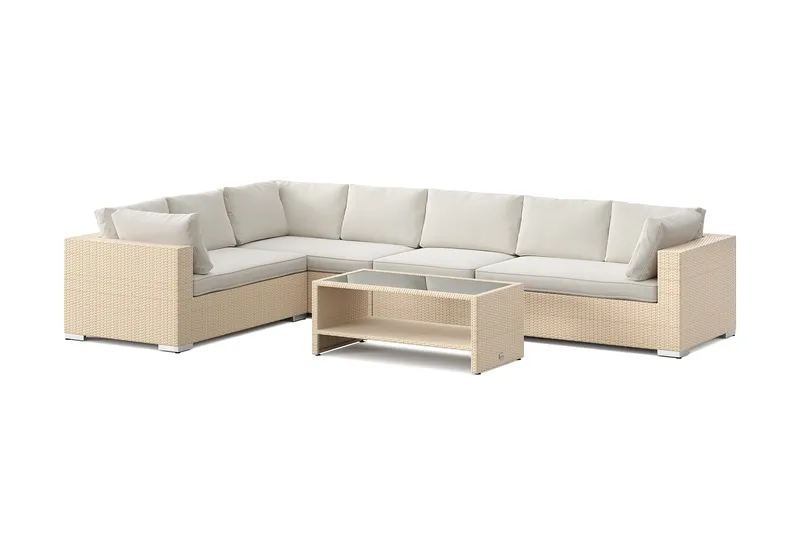 Bahamas L-formet utesofa venstre, 7-seters med bord og hylle, Beige