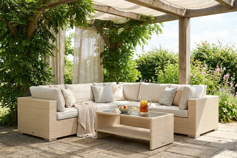 Bahamas utendørs hjørnesofa 5-seters vendbar og bord med hylle - Beige - Hagemøbler - Loungemøbler - Sofagruppe utendørs
