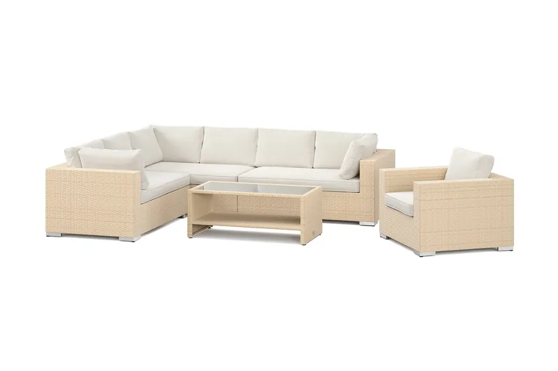 Bahamas utendørs L-sofa venstre 7-seters med lenestol og bord med hylle, Beige