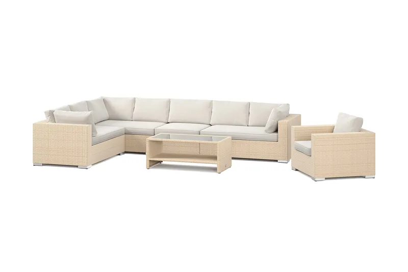 Bahamas utendørs L-sofa venstre 8-seters med lenestol og bord med hylle, Beige