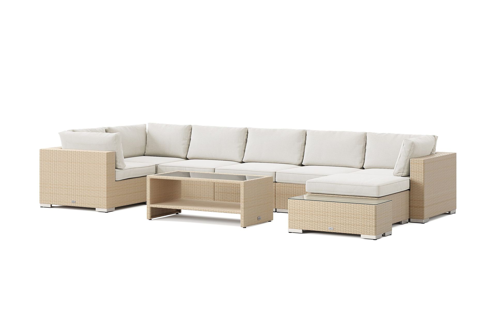 Bahamas utendørs U-sofa 7-seters vendbar divan med åpen avslutning og bord med hylle - Beige