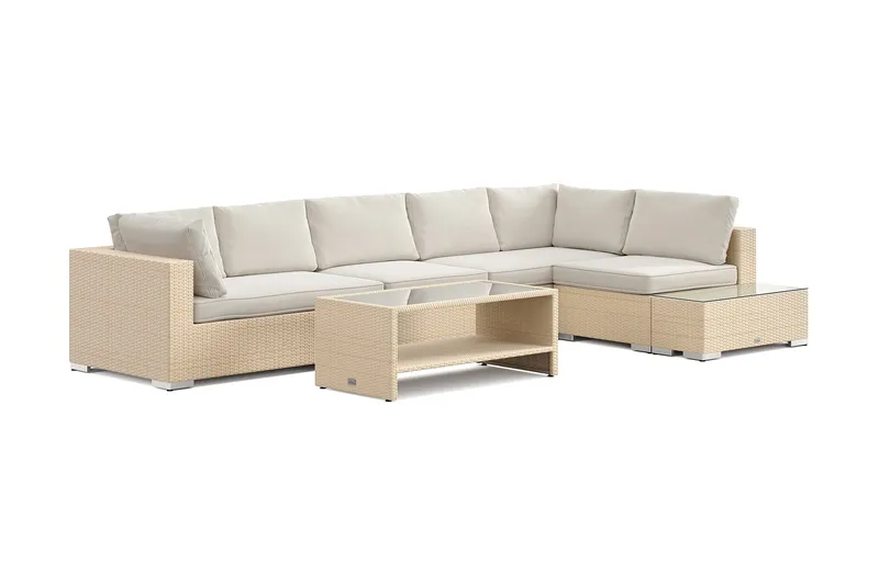 Bahamas utesofa 6-seters vendbar sjeselong med avslutning og bord med hylle, Beige