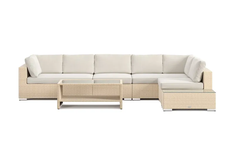 Bahamas utesofa 6-seters vendbar sjeselong med avslutning og bord med hylle - Beige - Hagemøbler - Loungemøbler - Sofagruppe utendørs