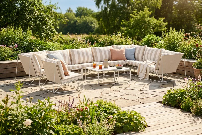 Usteryd utendørs L-sofa 8-seter vendbar med lenestol - Beige/Stripet - Hagemøbler - Loungemøbler - Sofagruppe utendørs