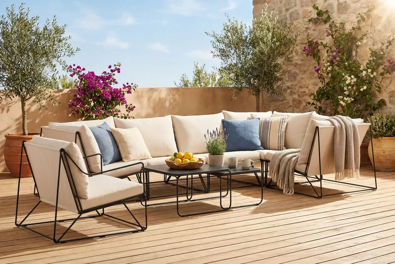 Usteryd utendørs hjørnesofa 6-seters vendbar med lenestol - Svart/Beige - Hagemøbler - Loungemøbler - Sofagruppe utendørs