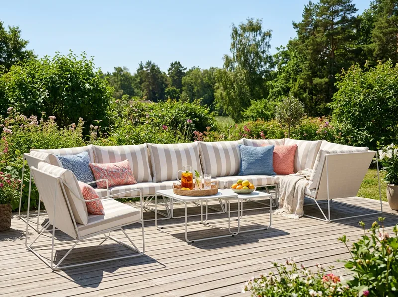 Usteryd utendørs hjørnesofa 7-seters vendbar med lenestol - Beige/Stripete - Hagemøbler - Loungemøbler - Sofagruppe utendørs