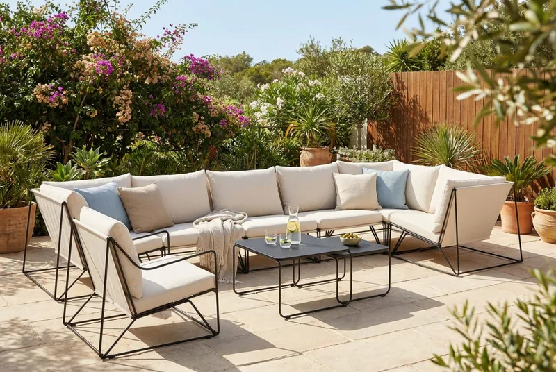Usteryd utendørs hjørnesofa 7-seters vendbar med lenestol - Svart/Beige - Hagemøbler - Loungemøbler - Sofagruppe utendørs