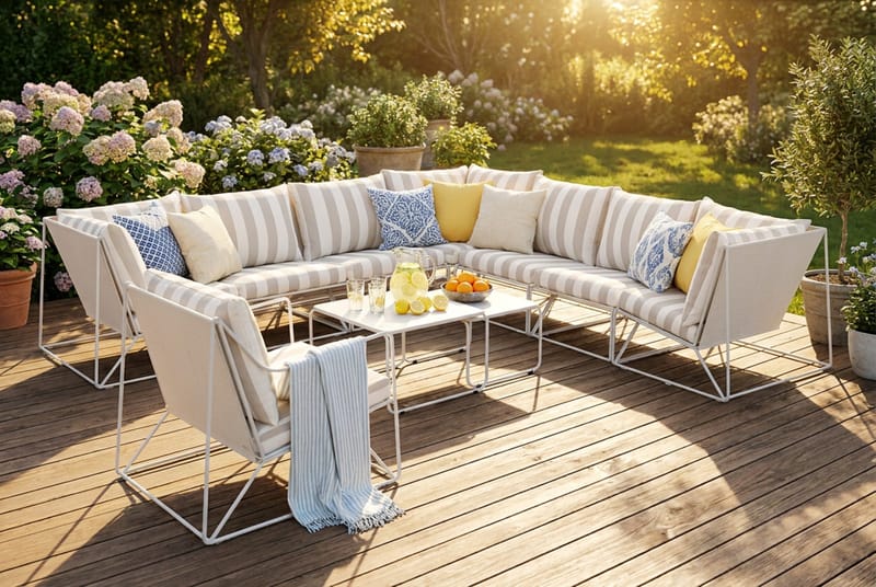 Usteryd utendørs hjørnesofa 8-seter vendbar med lenestol - Beige/Stripet - Hagemøbler - Loungemøbler - Sofagruppe utendørs