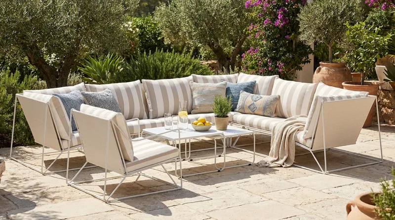 Usteryd utendørs L-sofa 7-seter vendbar med lenestol - Beige/Stripet - Hagemøbler - Loungemøbler - Lounge sofa
