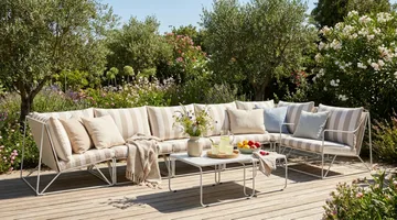 Usteryd utendørs rett 6-seters sofa med lenestol - Beige/Stripet - Hagemøbler - Loungemøbler - Sofagruppe utendørs