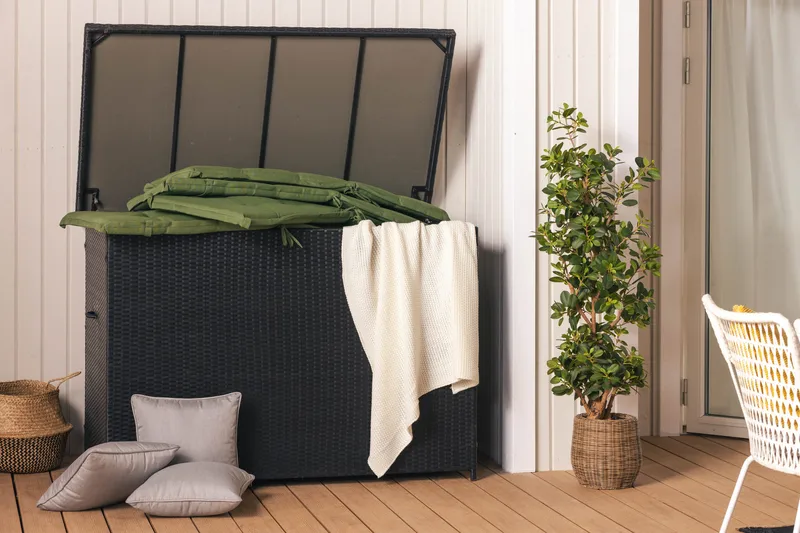 Gigant vanntett puteboks XL for utendørs bruk – Oppbevaringsboks i kunstrotting (B150xD90xH101 cm) - Svart - Hagemøbler - Puteoppbevaring & møbelbeskyttelse - Putebokser & Putekasser