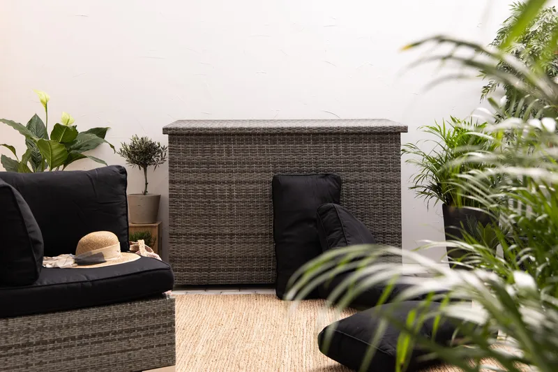 Gigant vanntett puteboks XL for utendørs bruk – Oppbevaringsboks i kunstrotting (B150xD90xH101 cm) - Grå - Hagemøbler - Puteoppbevaring & møbelbeskyttelse - Putebokser & Putekasser