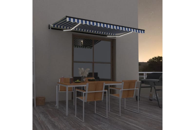 Automatisk markise med vindsensor og LED 400x350 cm blå og h - Blå - Hagemøbler - Solbeskyttelse - Markiser - Balkongmarkise