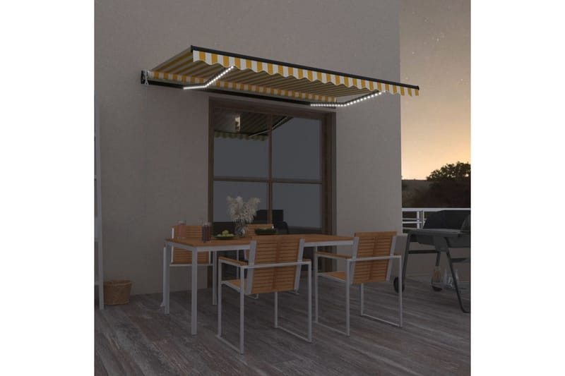 Automatisk markise med vindsensor og LED 450x350 cm gul/hvit - Gul - Balkongmarkise - Markiser - Terrassemarkise