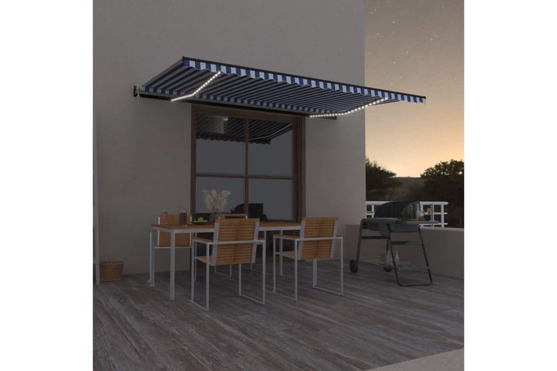 Automatisk markise med vindsensor og LED 500x350 cm blå og h - Blå - Hagemøbler - Solbeskyttelse - Markiser - Balkongmarkise