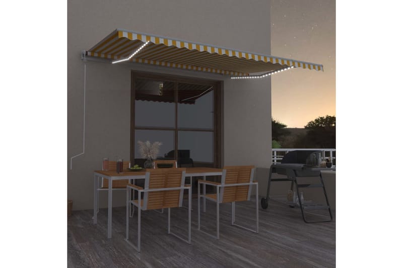 Automatisk markise med vindsensor og LED 500x350 cm gul/hvit - Gul - Hagemøbler - Solbeskyttelse - Markiser - Balkongmarkise