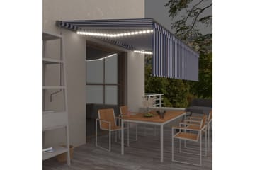 Automatisk markise med vindsensor og LED 5x3 m blå og hvit - Blå - Hagemøbler - Solbeskyttelse - Markiser - Vindusmarkise