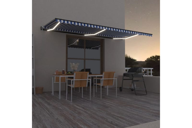 Automatisk markise med vindsensor og LED 600x300 cm blå og h - Blå - Hagemøbler - Solbeskyttelse - Markiser - Balkongmarkise