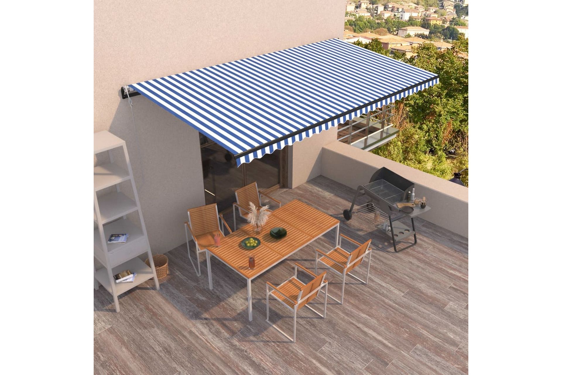 Automatisk uttrekkbar markise 600x350 cm blå og hvit - Blå - Hagemøbler - Solbeskyttelse - Markiser - Balkongmarkise