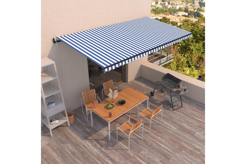 Automatisk uttrekkbar markise 600x350 cm blå og hvit - Blå - Hagemøbler - Solbeskyttelse - Markiser - Balkongmarkise