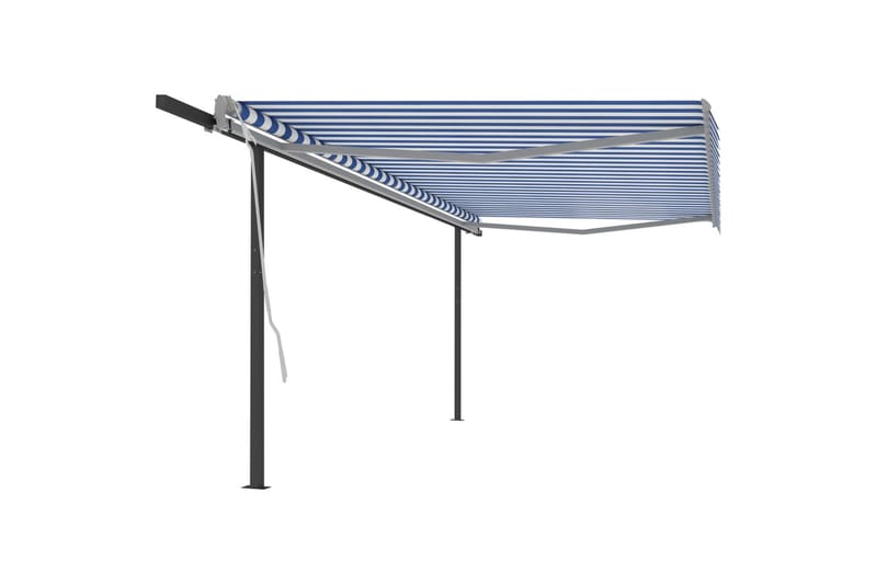 Automatisk uttrekkbar markise med stolper 5x3 m blå og hvit - Balkongmarkise - Markiser - Terrassemarkise